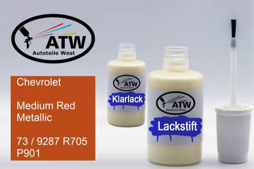 Chevrolet, Medium Red Metallic, 73 / 9287 R705 P901: 20ml Lackstift + 20ml Klarlack - Set, von ATW Autoteile West.